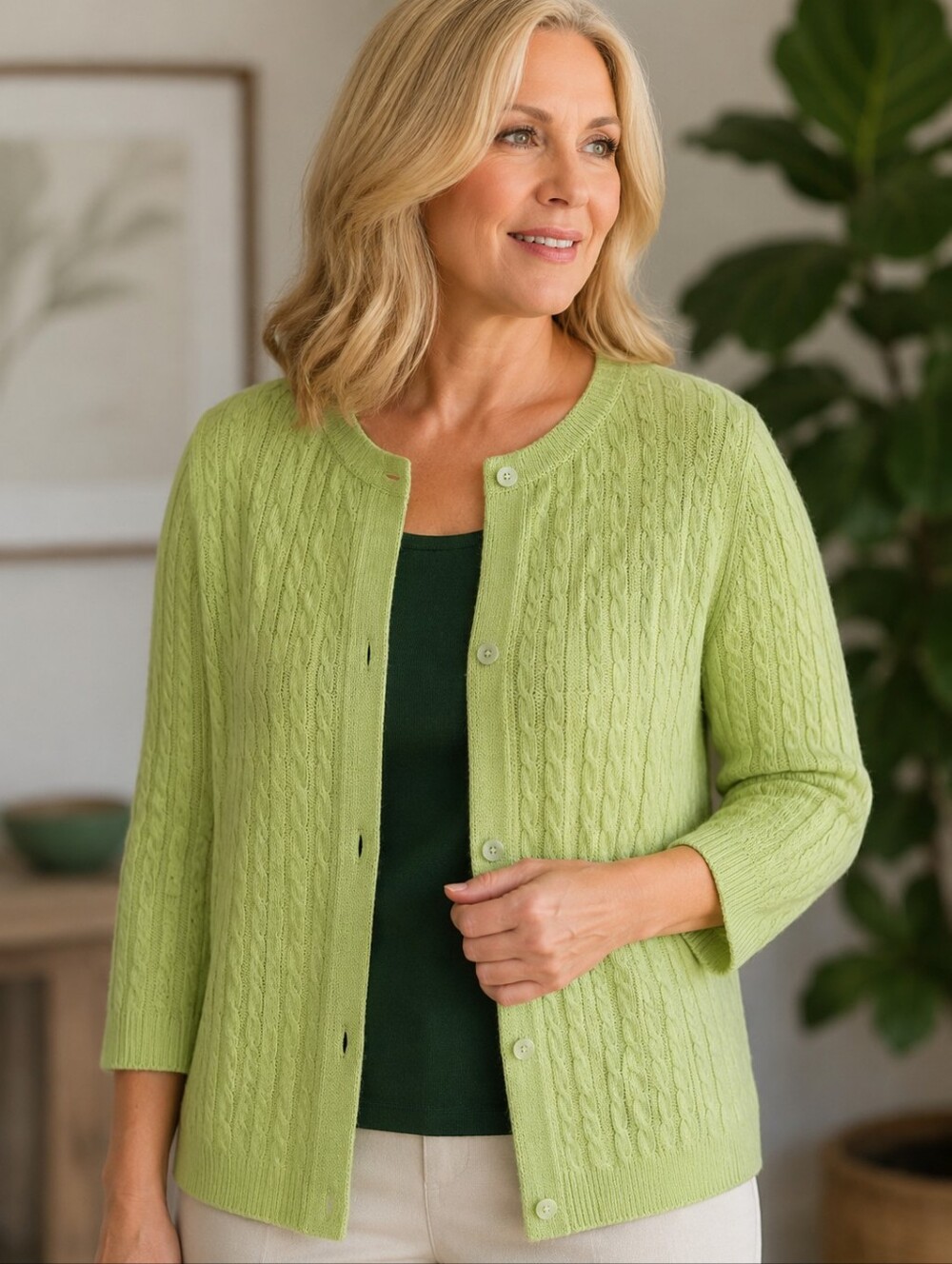 Fieldgear Lime Textured 70% Cotton Sweater - Size: L -  Mother-of-Pearl Buttons